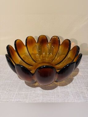 Vintage Indiana Glass Amber Lotus Petal Large Serving Bowl Centerpiece MCM 11"